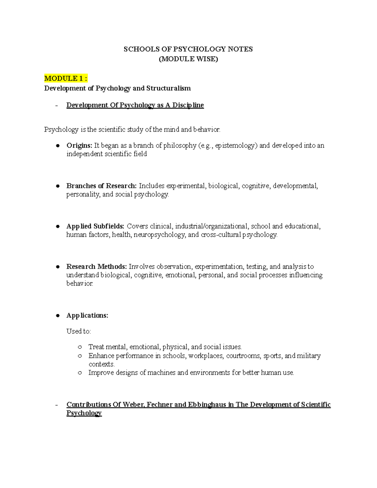Schools of Psychology Notes (Module Wise) - Development, Structuralism ...