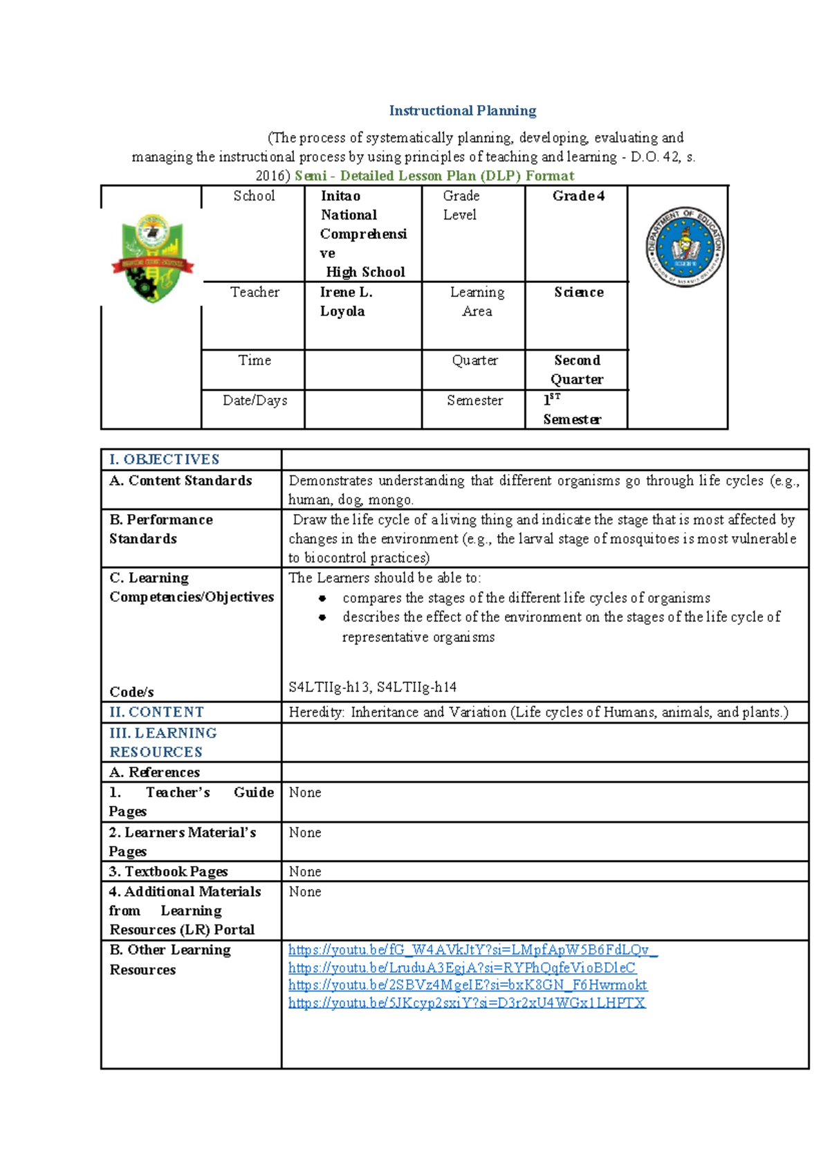 Semi-Detailed Lesson Plan (DLP) for Science - Grade 4 & 5 Activities ...