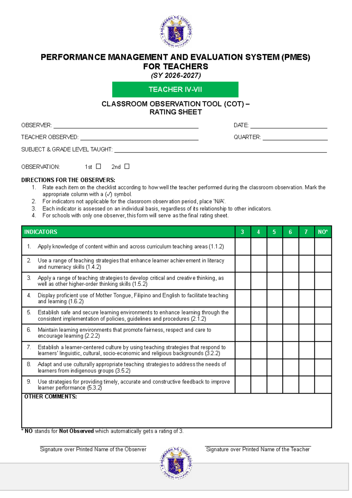 COT Evaluation Tool for Classroom Observation (TIV-TVII) - Studocu