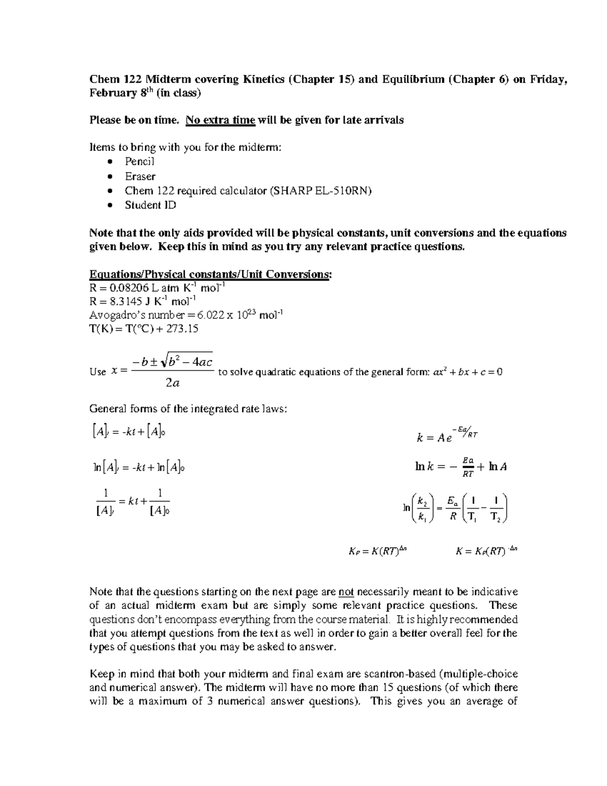 Chem 122 Midterm Practice Exam: Kinetics & Equilibrium Review - Studocu