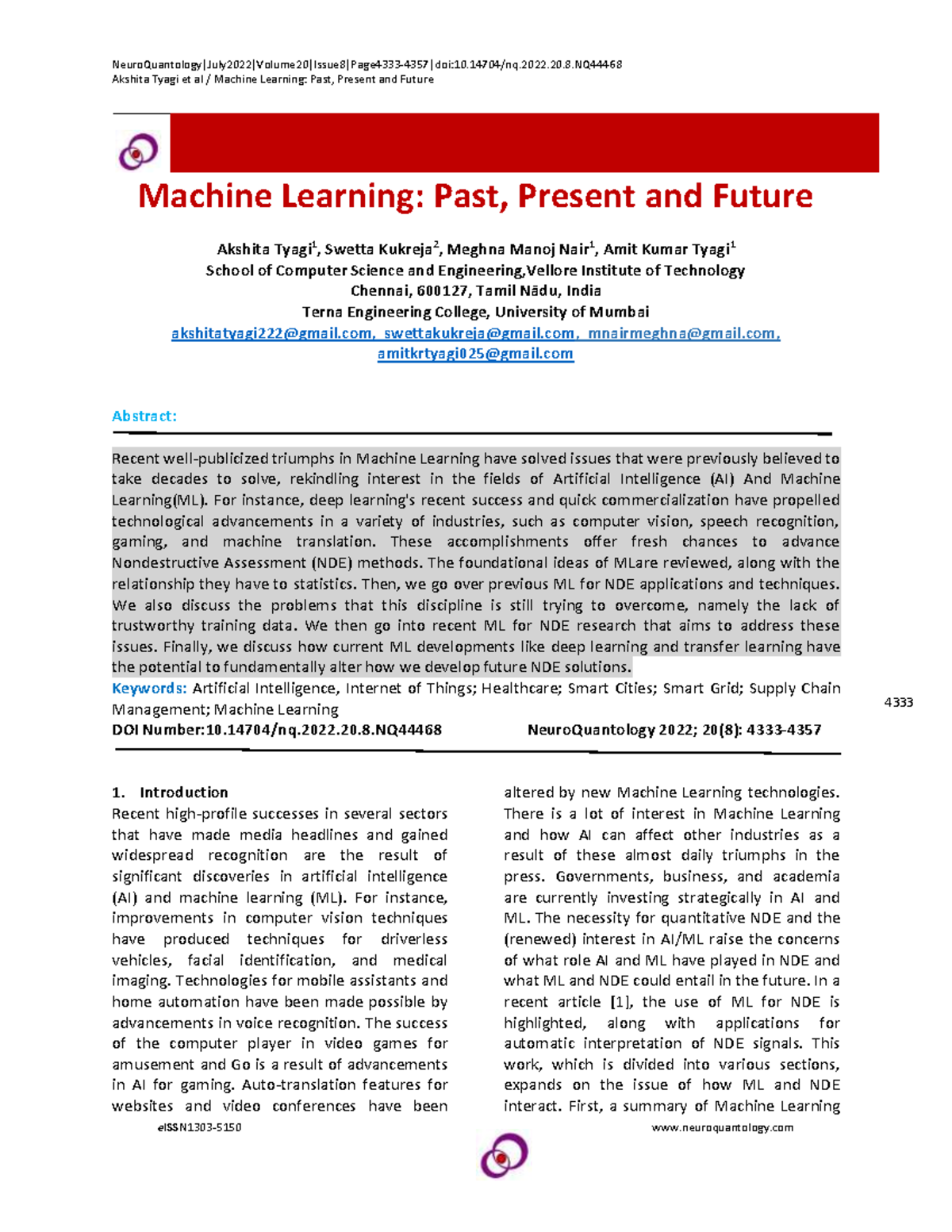 Machine Learning: Past, Present & Future Insights (CS-ML-2023) - Studocu