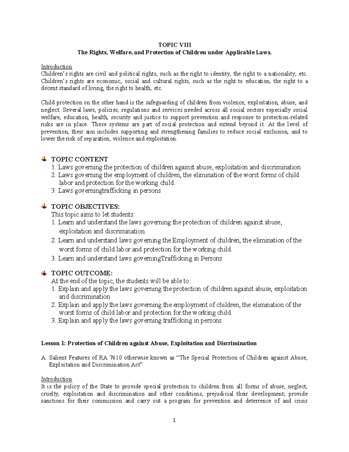 Topic 8: Rights, Welfare & Protection of Children Under Applicable Laws ...