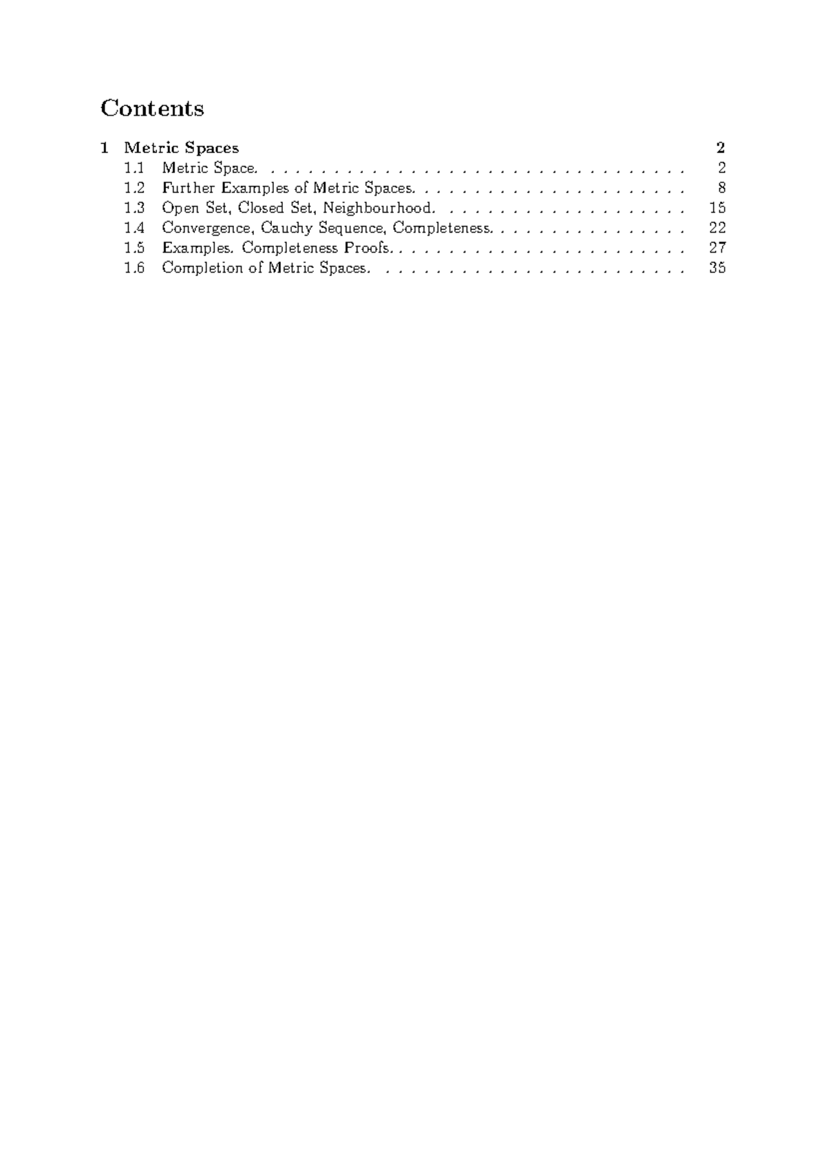 Chapter 1 Metric Spaces - Contents 1 Metric Spaces 1 Metric Space. 1 ...