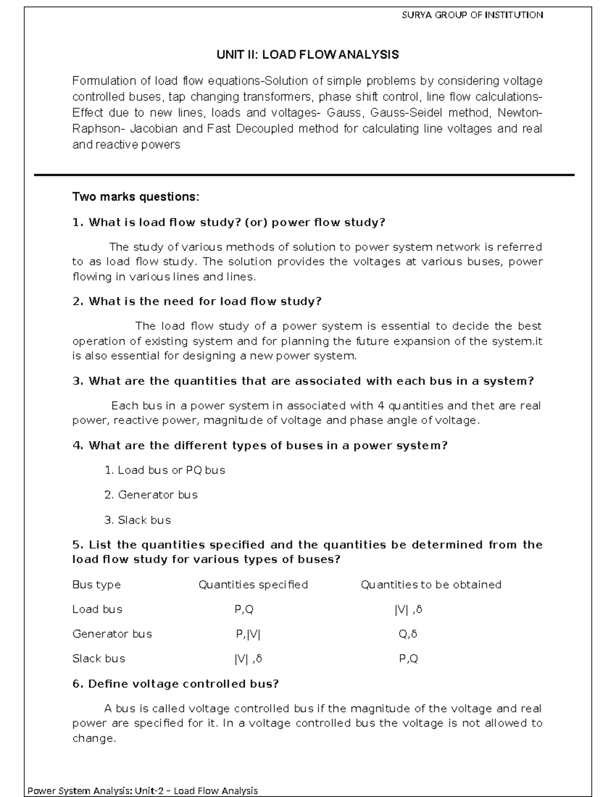 PSA Unit II: Load Flow Analysis - Key Concepts and Methods - Studocu