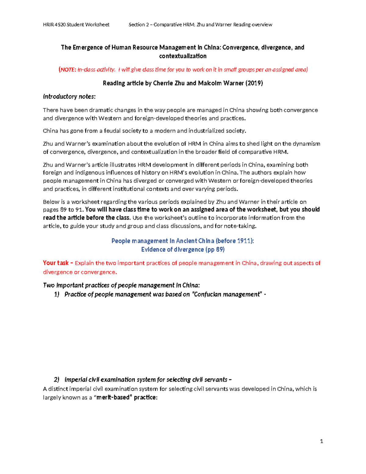 HRIR 4520 Student Worksheet: Zhu and Warner on HRM in China Overview ...