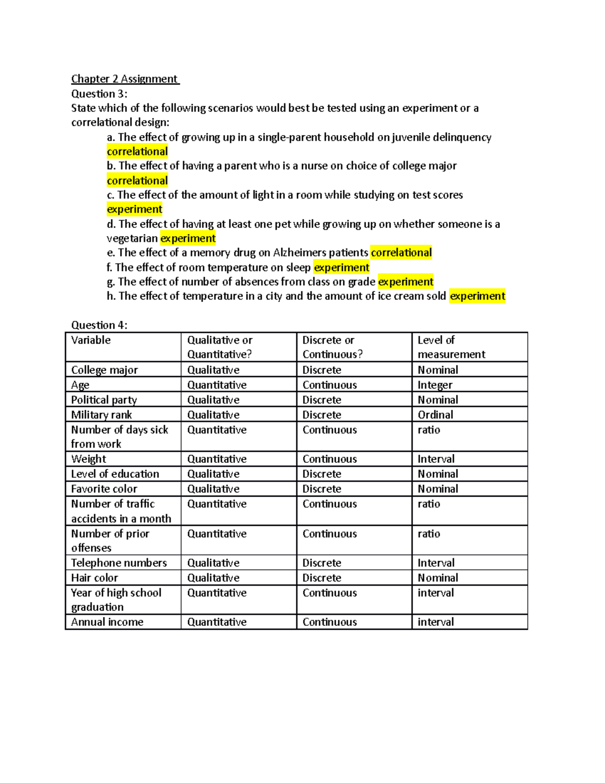 Chapter 2 Assignment - Chapter 2 Assignment Question 3: State which of ...