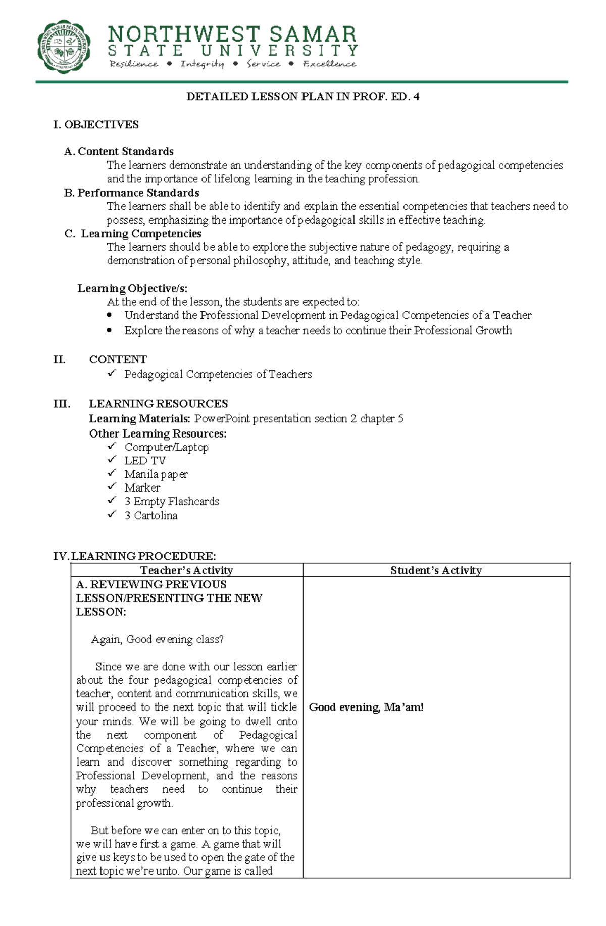 Detailed Lesson Plan on Pedagogical Competencies in Prof. Ed. 4 - Studocu