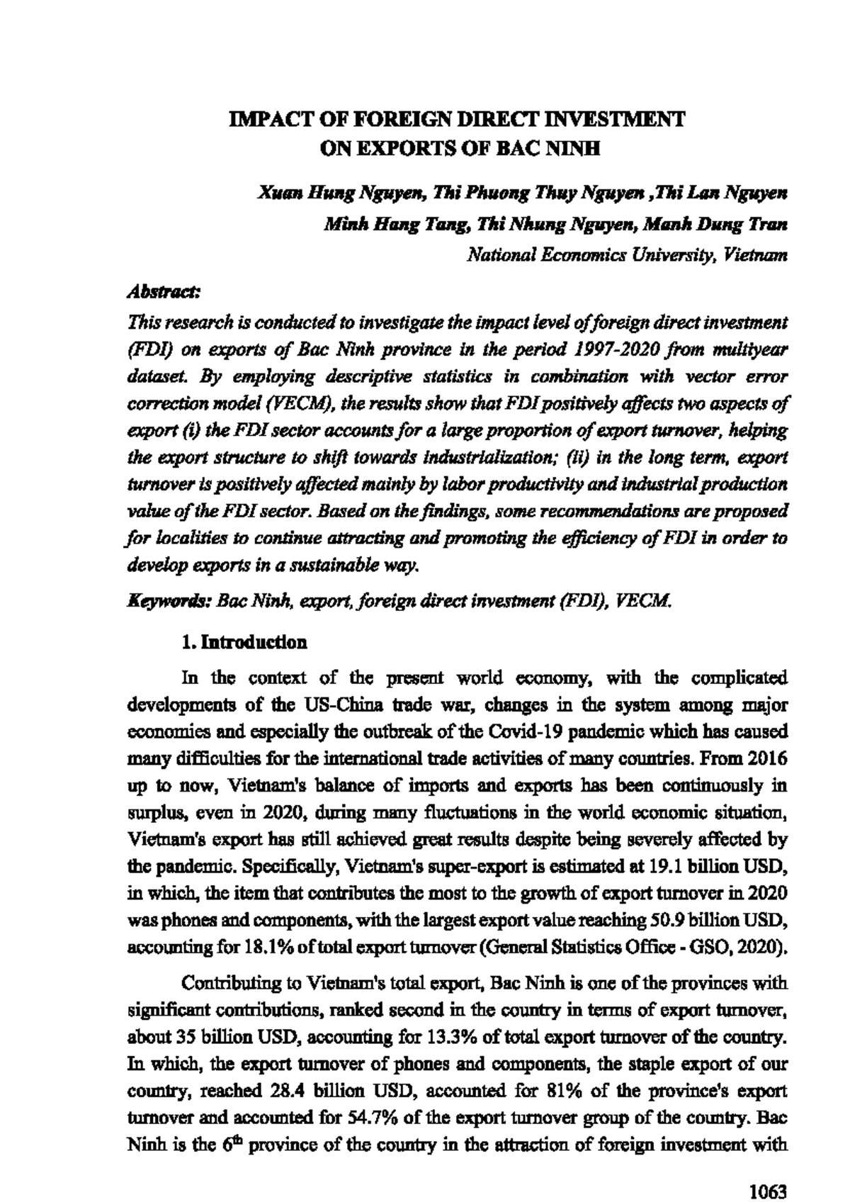 Impact of FDI on Bac Ninh Exports: A VECM Analysis (ECO 2023) - Studocu