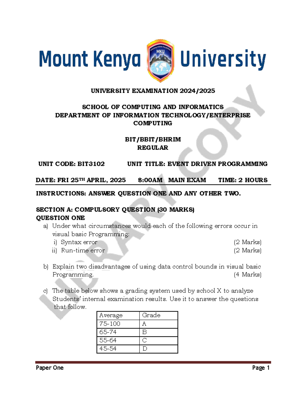 BIT3102 Final Exam: Event Driven Programming Practice Paper - Studocu