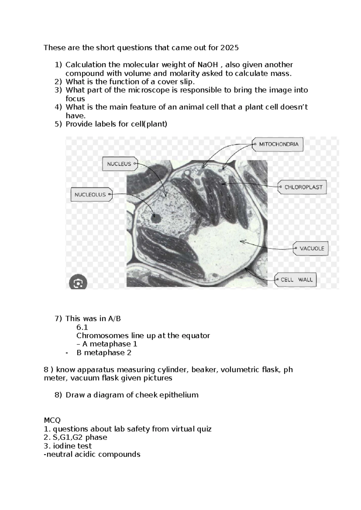 BIOL101 Practical Test Revision Notes: Cell Differences & Functions ...