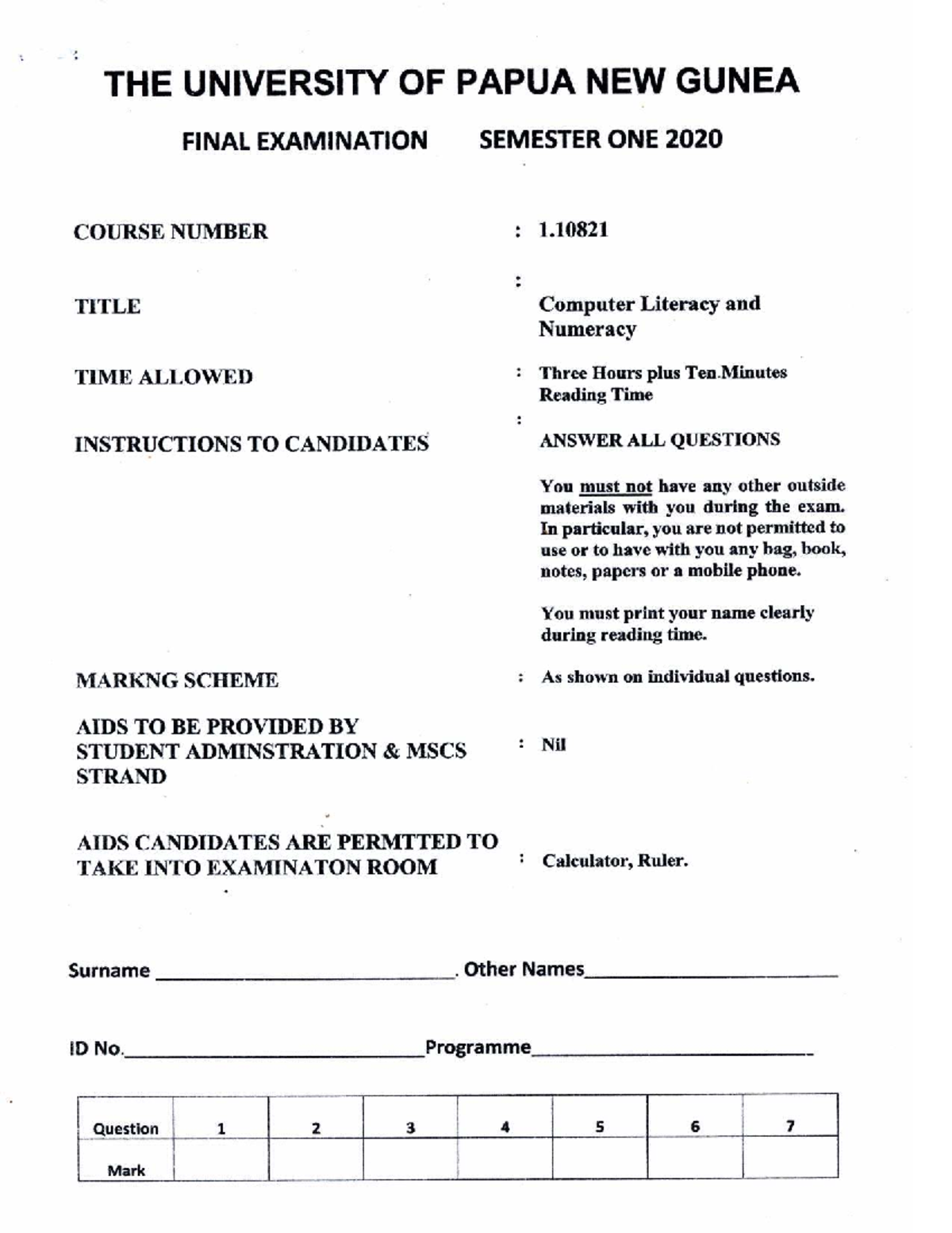 1.10821 Final Exam: Computer Literacy & Numeracy - Semester 1, 2020 ...