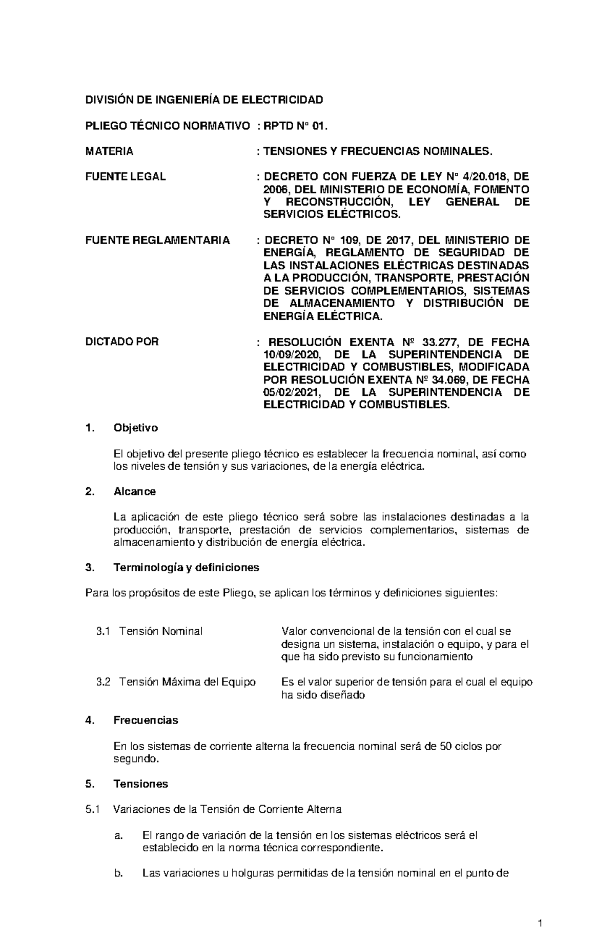 Pliego Técnico Normativo RPTD: Frecuencias y Tensiones Nominales - Studocu