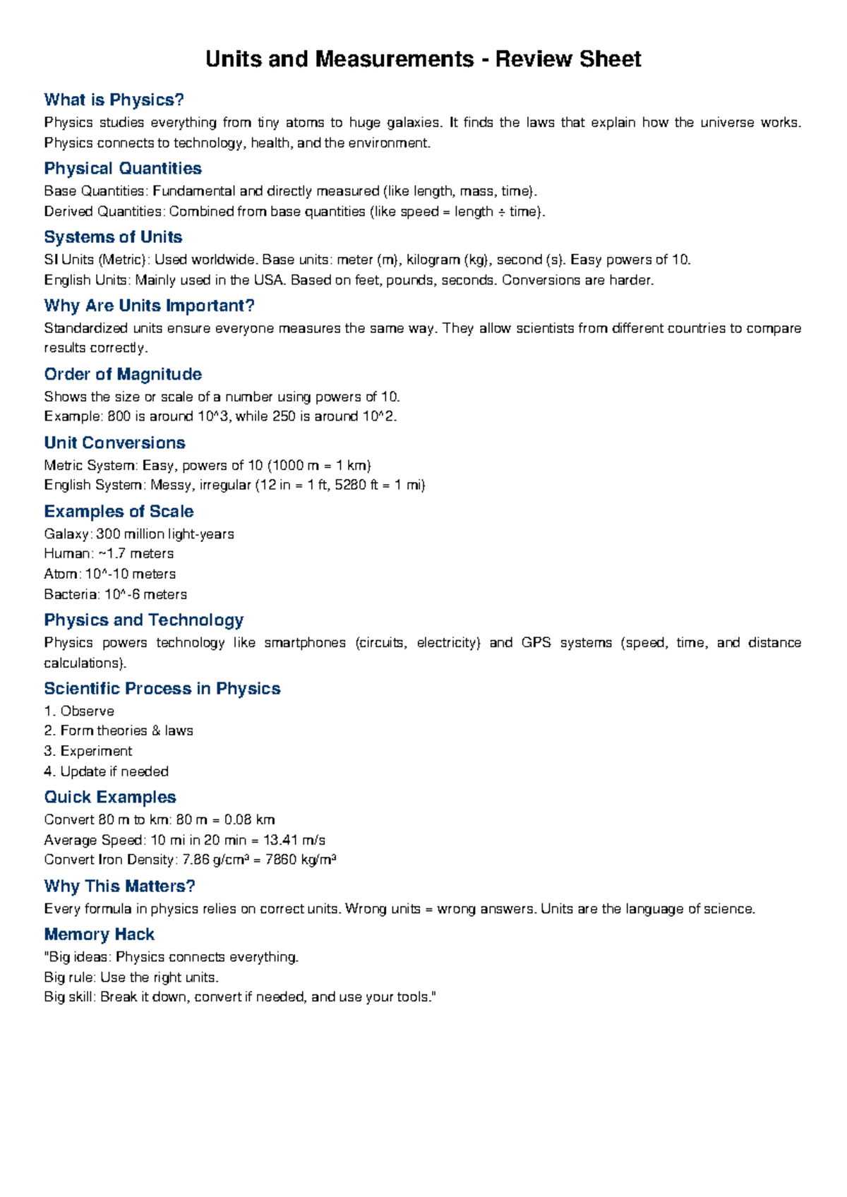 Units and Measurements Review Sheet - Units and Measurements - Review ...