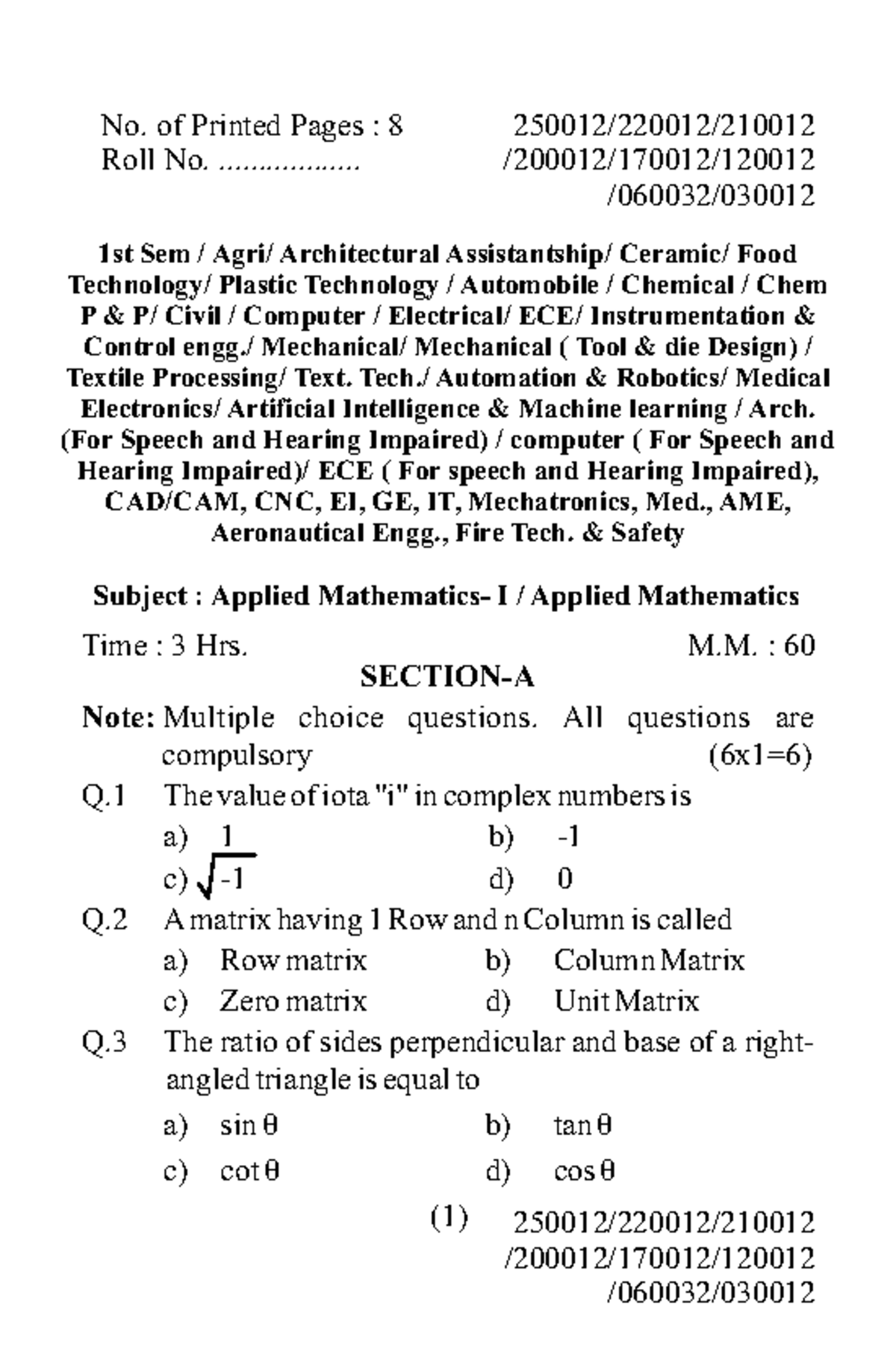 Applied Mathematics 1st Sem Exam Questions (Course Code: 250012) - Studocu