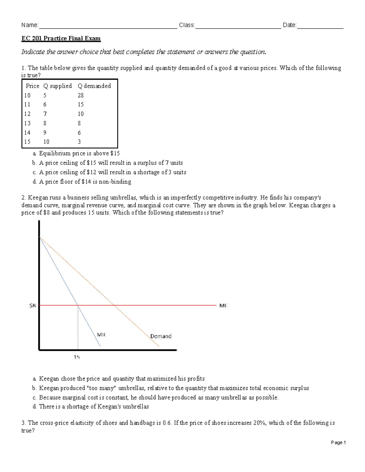 EC 201 Practice Final Exam Questions - Fall 2023 - Studocu