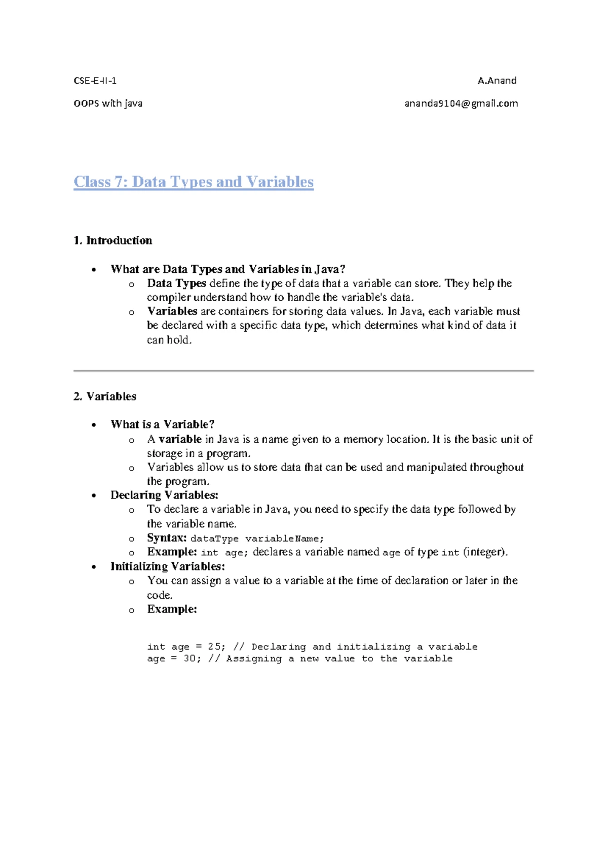 Day 1 oops notes - opps with class 1 - DAY 1 NOTES oops With java A ...
