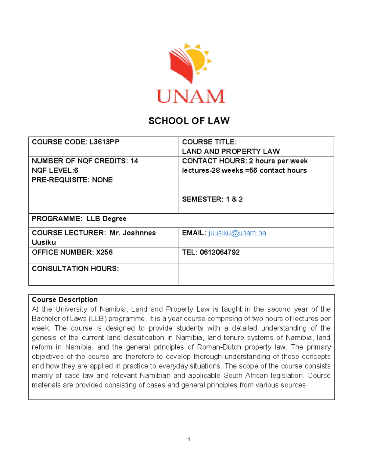 L3613PP Land and Property Law Course Outline 2024 at UNAM - Studocu