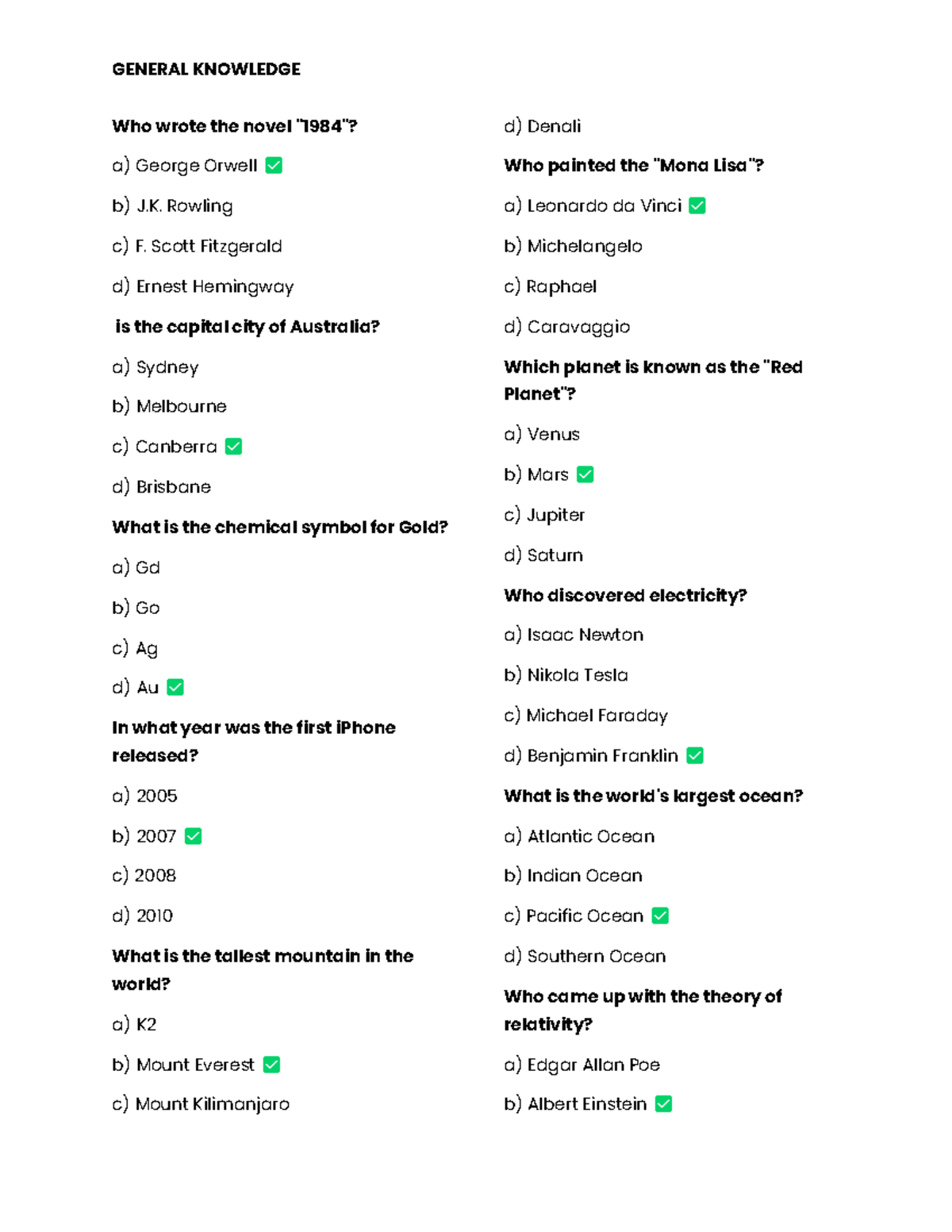 GEN Knowledge: Comprehensive Quiz on General Knowledge Topics - Studocu