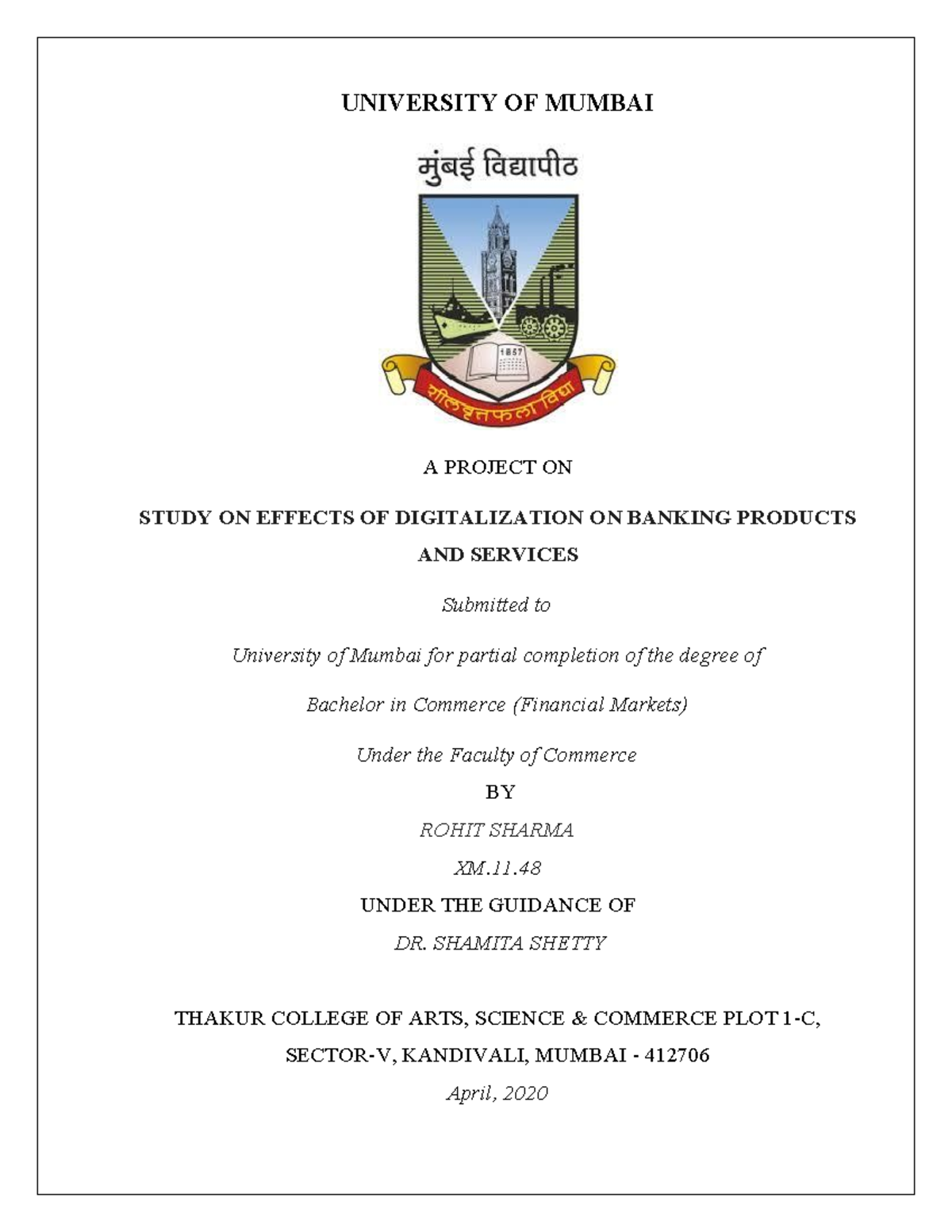 A Study on Effects of Digitalization in Banking - B.Com (FM) Project - Document Preview