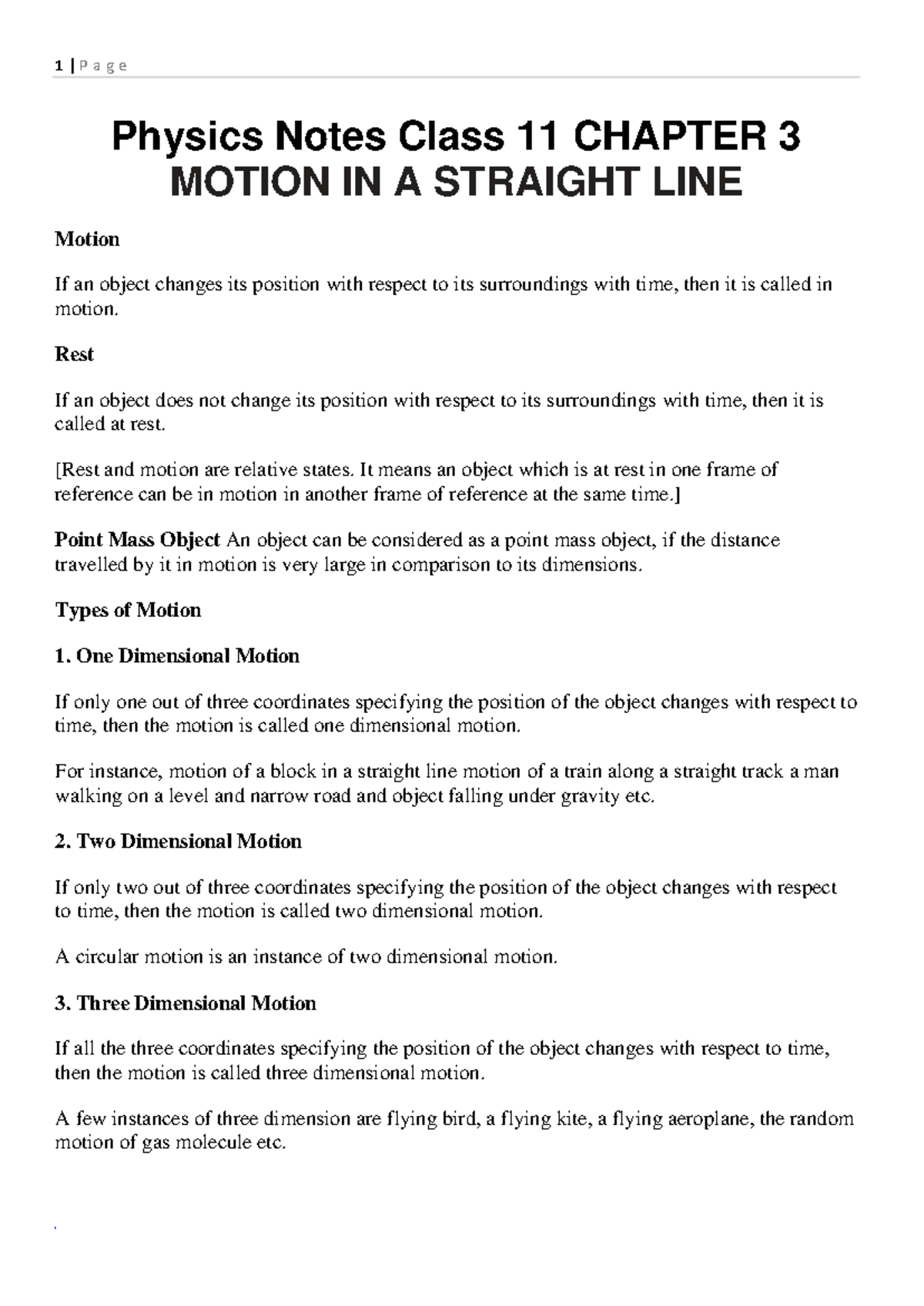 Class 11 Physics Final Exam Notes: Chapter 3 - Motion in a Straight ...