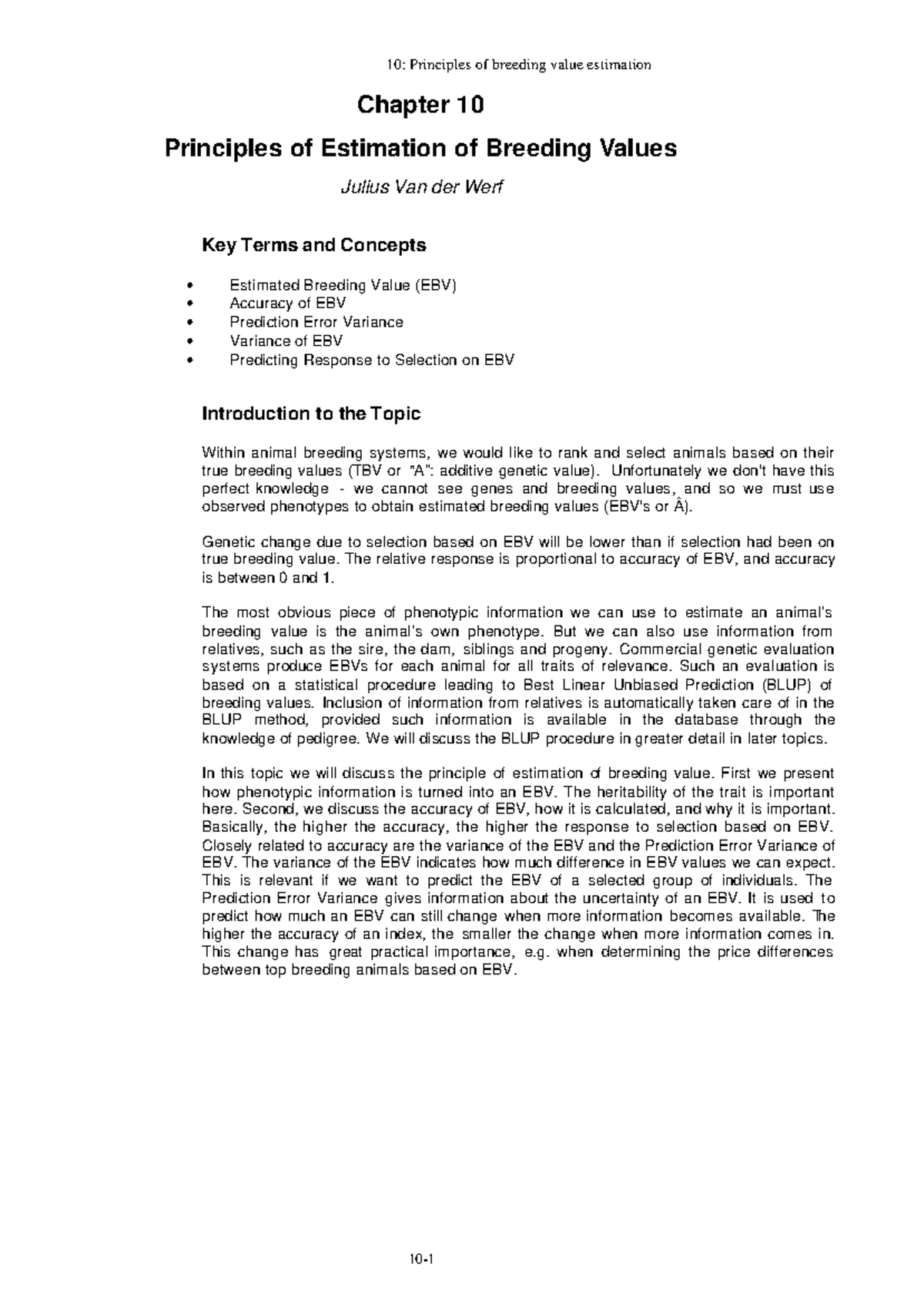 Chapter 10 - the estimation of breeding value - Chapter 10 Principles ...