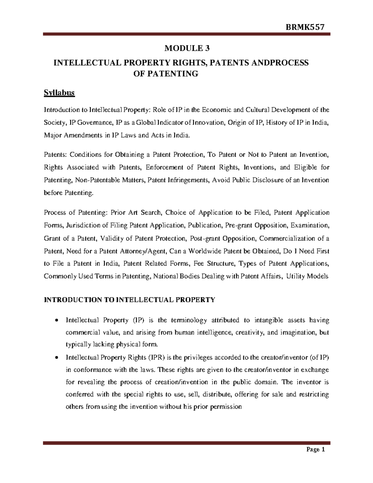BRMK557 Module 3: Intellectual Property Rights & Patenting Process ...