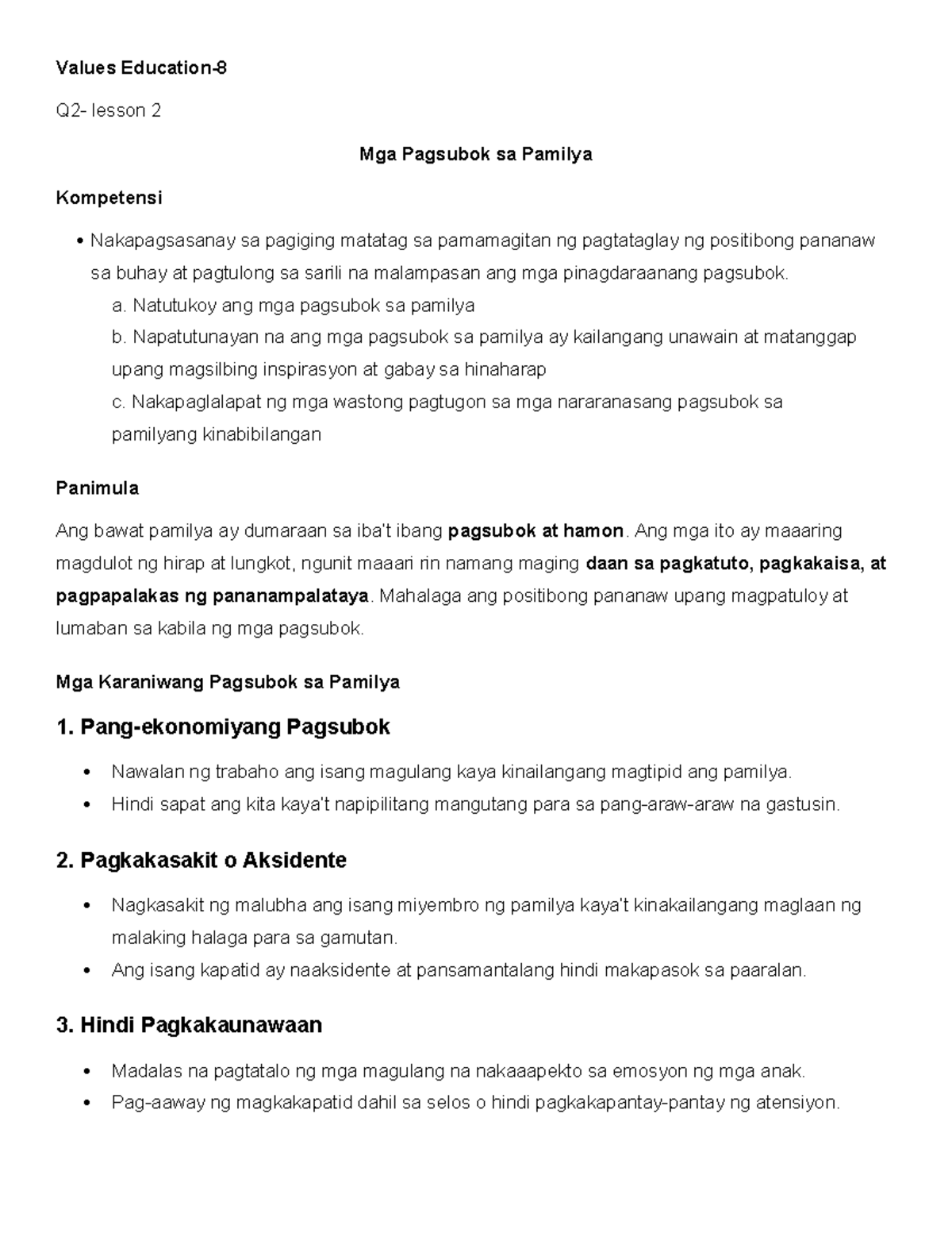 VAL ED 8 - Lesson 2: Pagsubok at Positibong Pagtugon sa Pamilya - Studocu