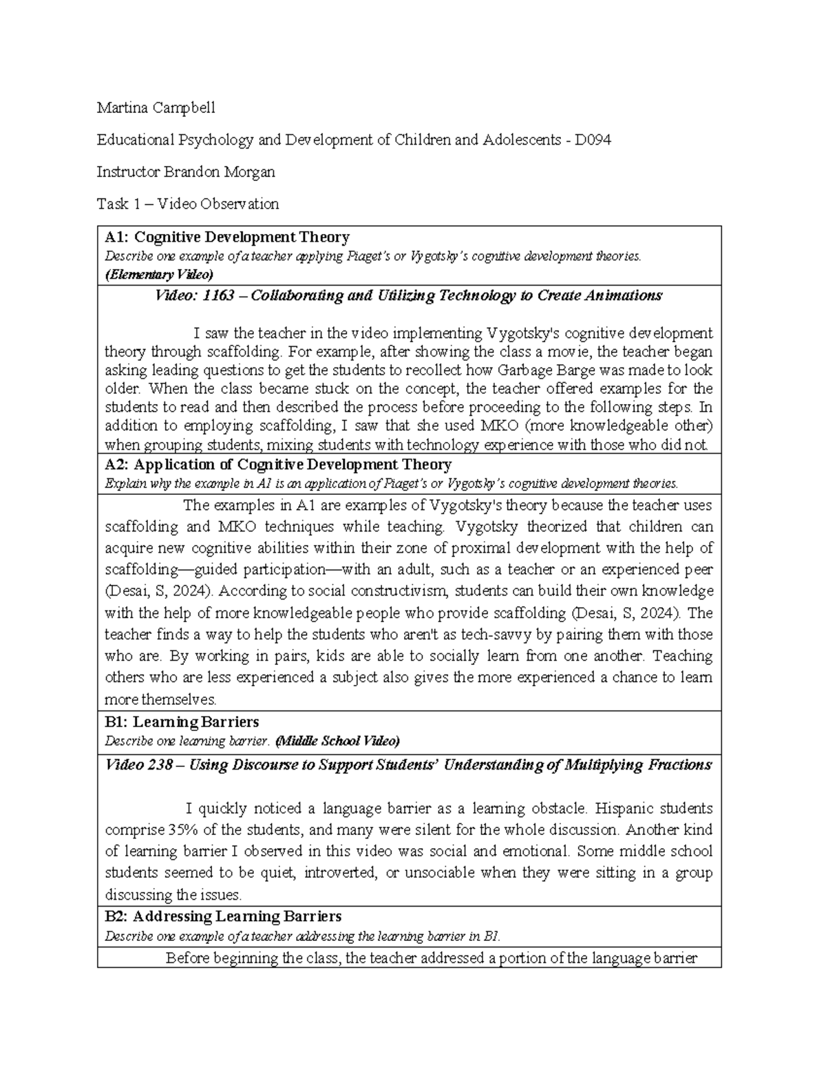 D094 Task 1 - Passed! - Martina Campbell Educational Psychology and ...
