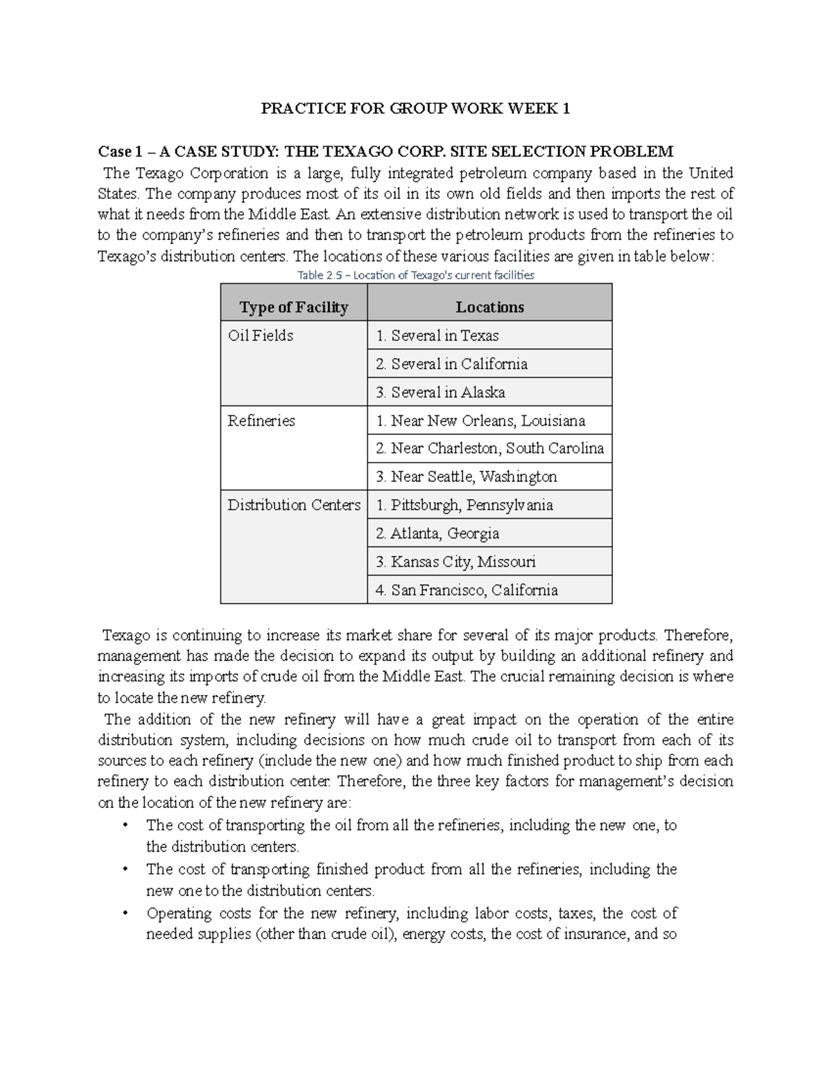 BT1 Case Study: Texago Corp. Site Selection Problem Analysis - Studocu