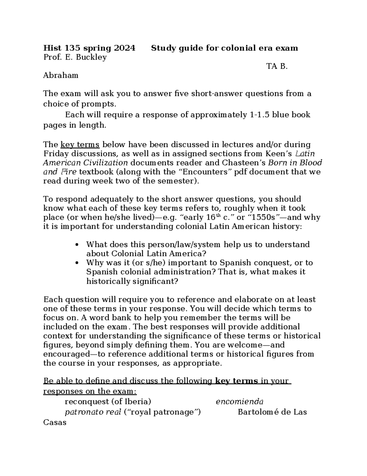 Hist 135 SP2024 Colonial Era Exam Study Guide & Key Terms - Studocu