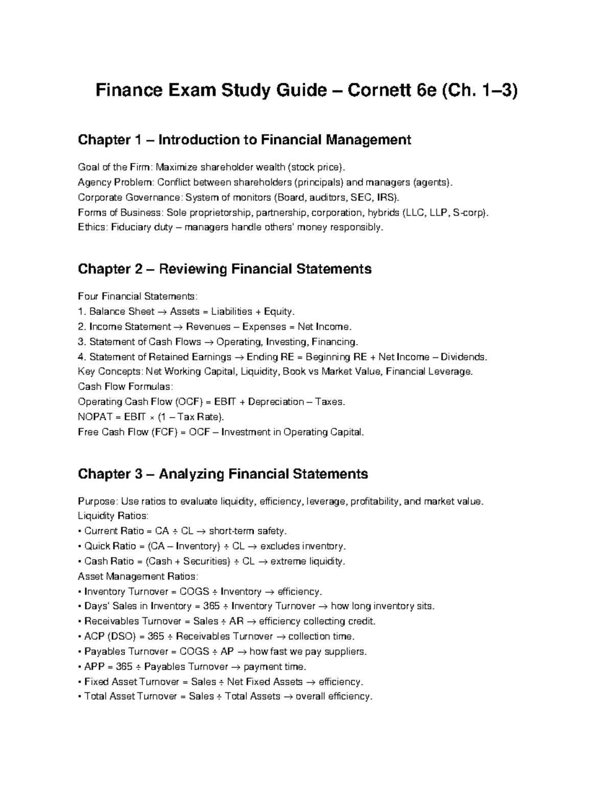 Finance Exam Study Guide: Ch. 1-3 Overview of Financial Management ...