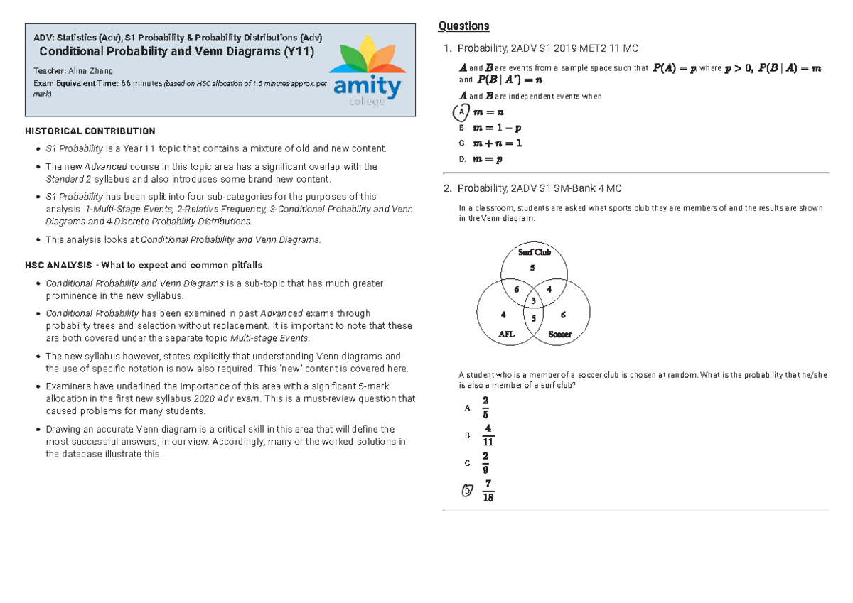 ADV: Statistics (Adv) S1 Probability Distributions & Venn Diagrams ...