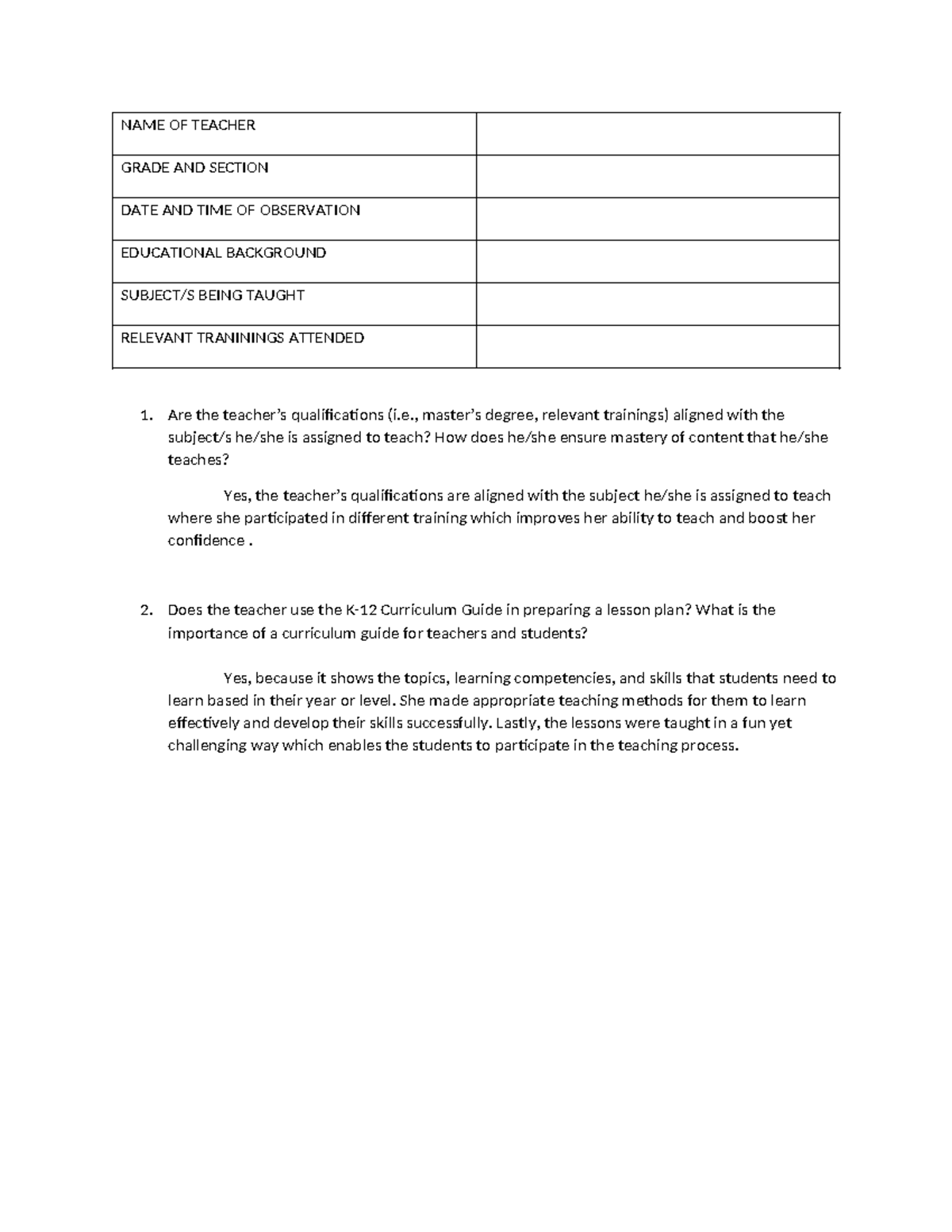 Teacher Observation Report: Qualifications & Curriculum Guide Analysis ...