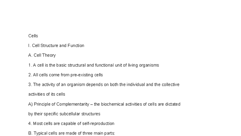 Cells I. Cell Structure and Function Overview for Biology 101 - Studocu