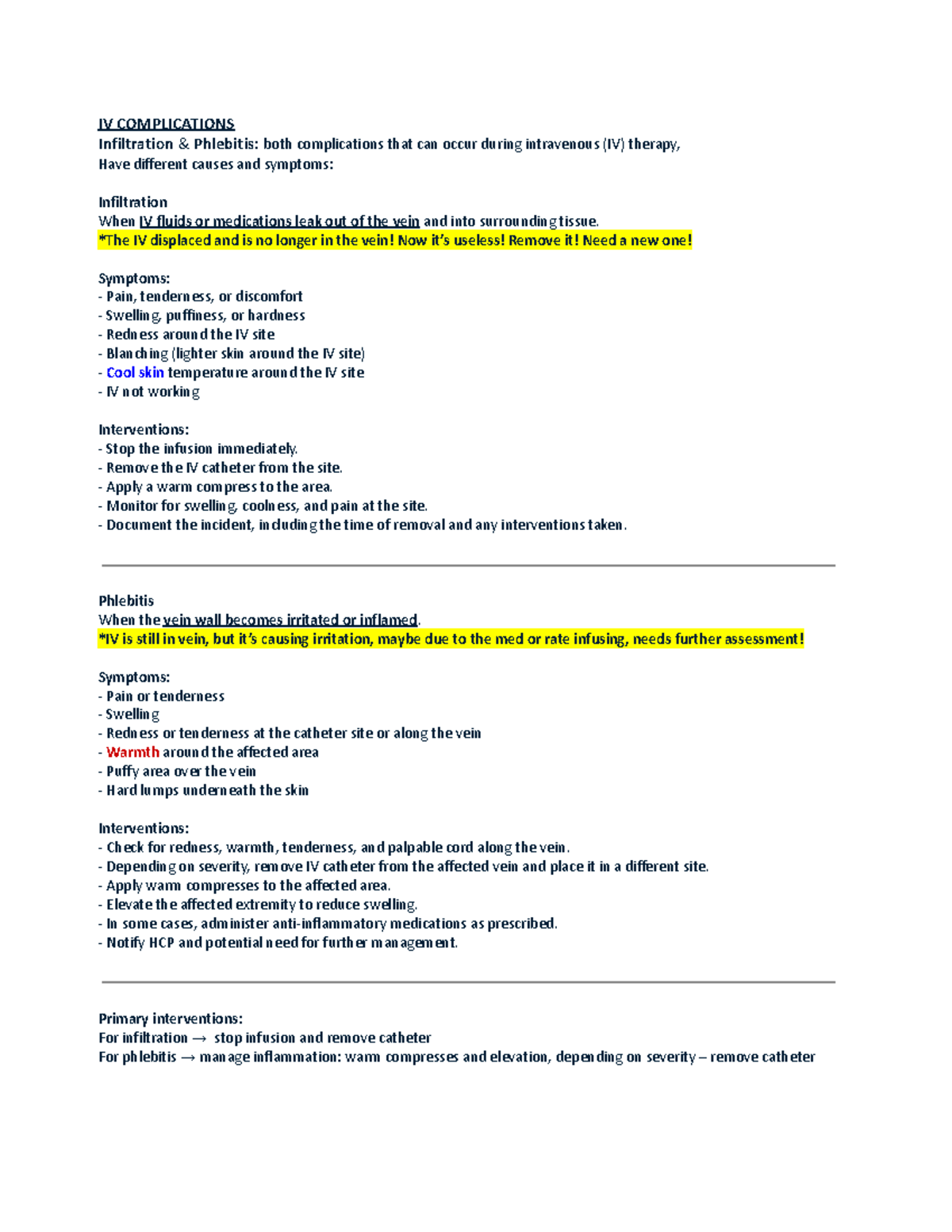 IV Complications - IV COMPLICATIONS Infiltration & Phlebitis: both ...
