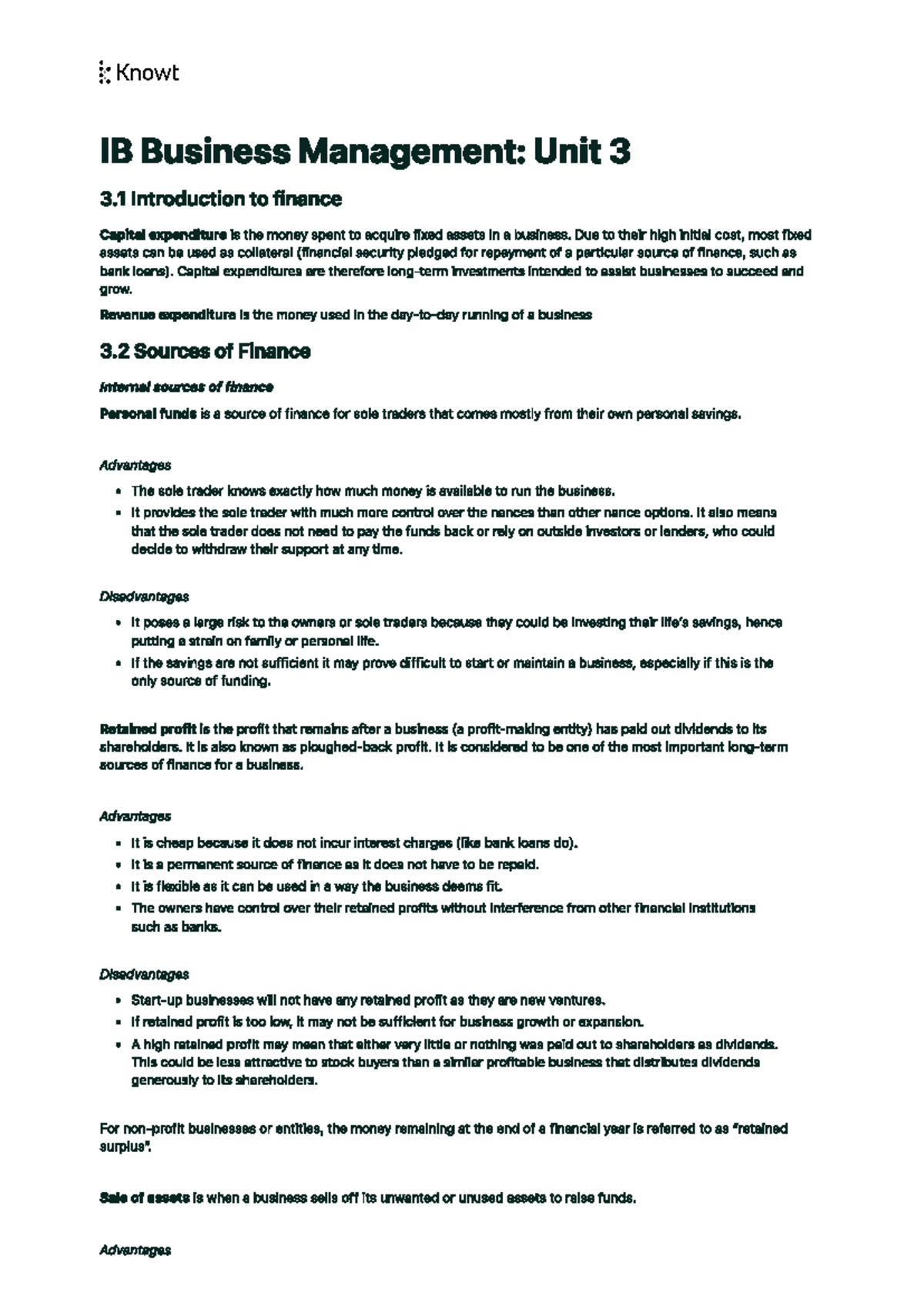 IB Business Management Unit 3 Finance Sources and Concepts Notes - Studocu