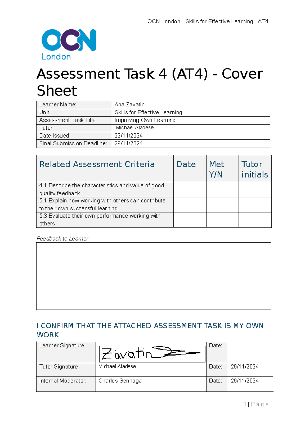 OCN London Skills for Effective Learning AT4 Assessment Task 4 Guide ...