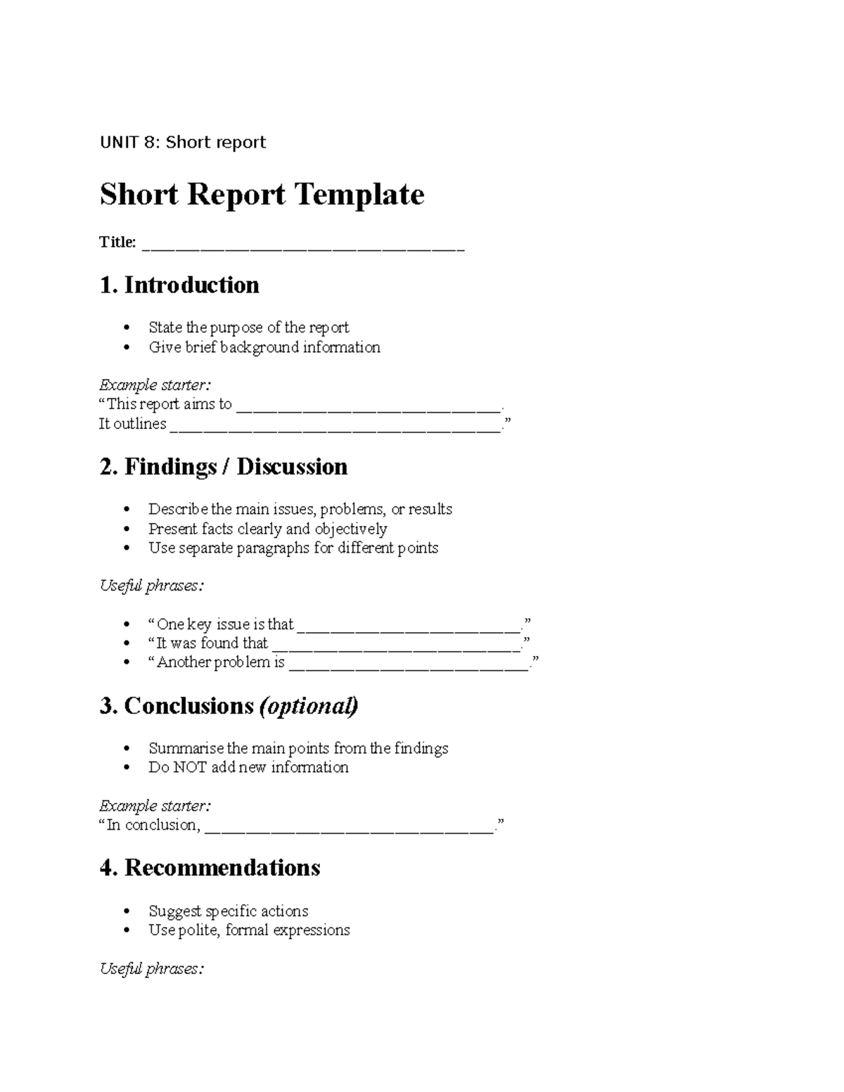 UNIT 8: Short Report Writing Guidelines and Template - Studocu