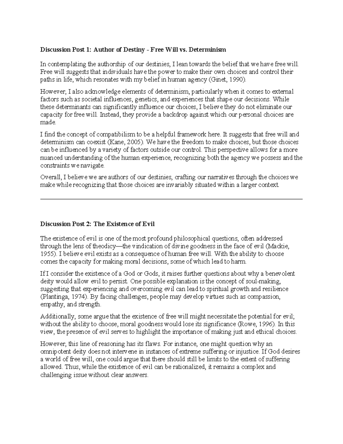 PHIL 1402-01 DF 3: Free Will vs. Determinism & The Existence of Evil ...