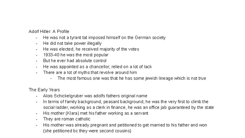 Adolf Hitler: A Profile - Early Life and Influences Notes - Studocu