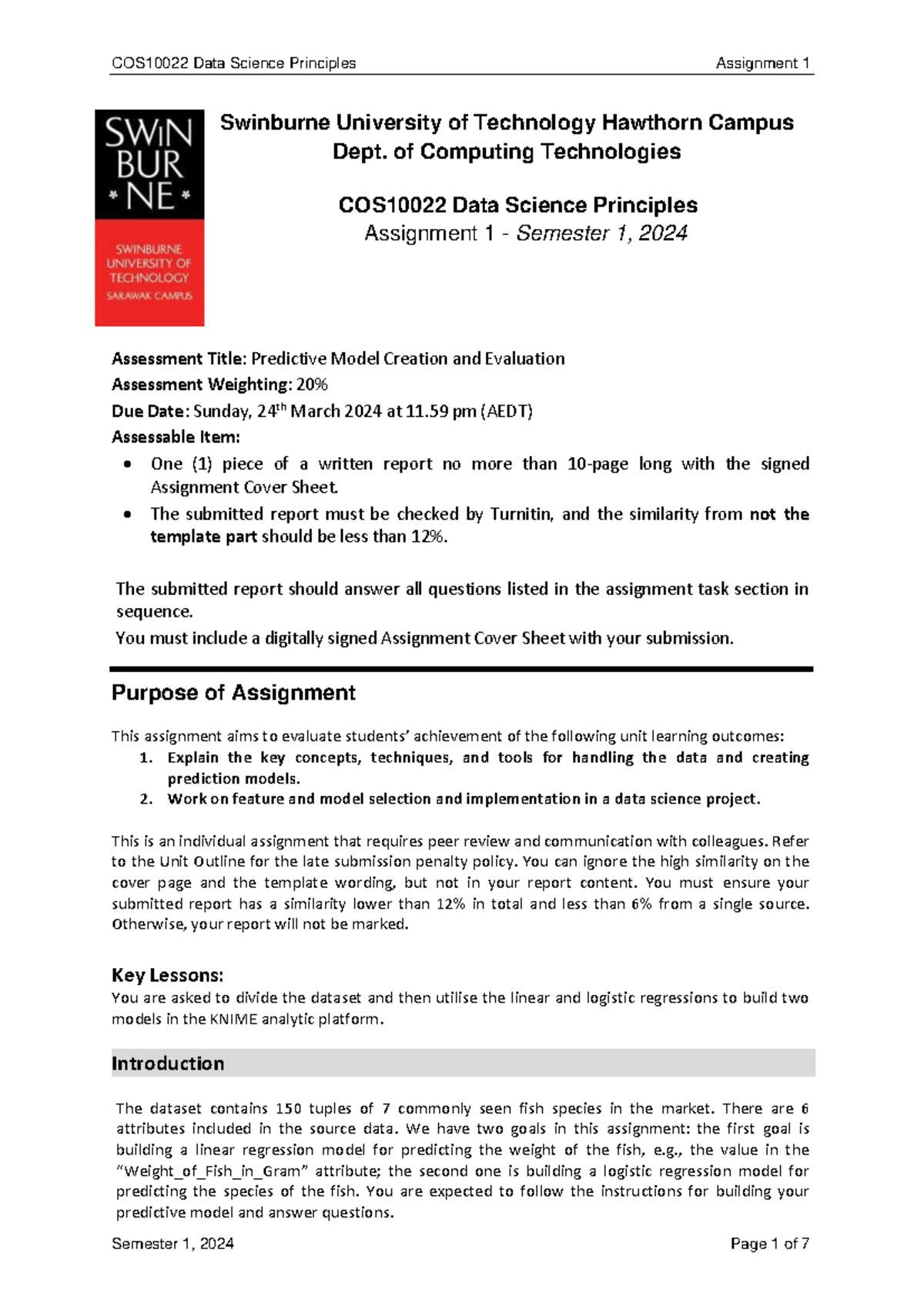 COS10022 Data Science Principles Assignment 1 - Predictive Model ...