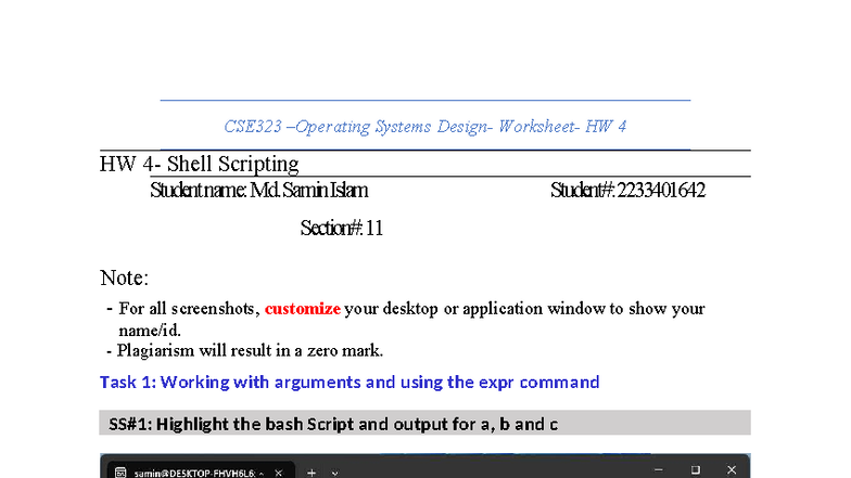 CSE323 Systems HW 4: Shell Scripting Tasks & Outputs - Studocu