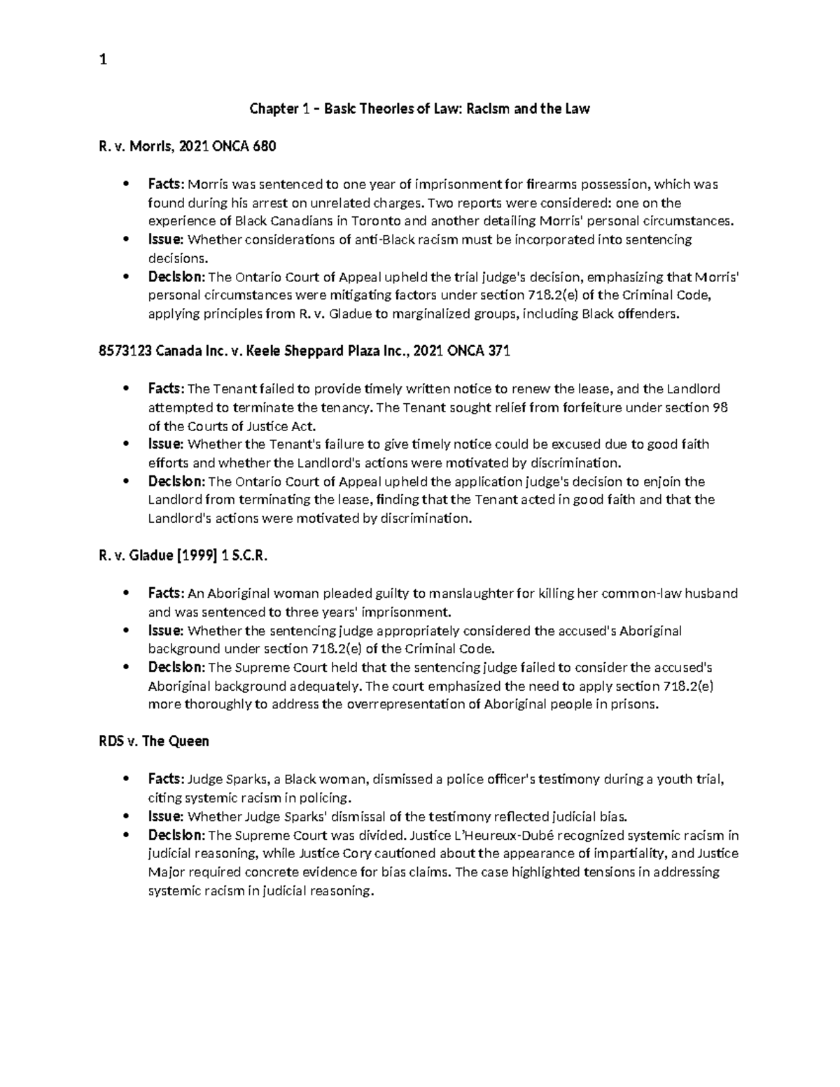 Case Summaries on Racism, Indigenous Rights, and Legal Principles (LAW ...