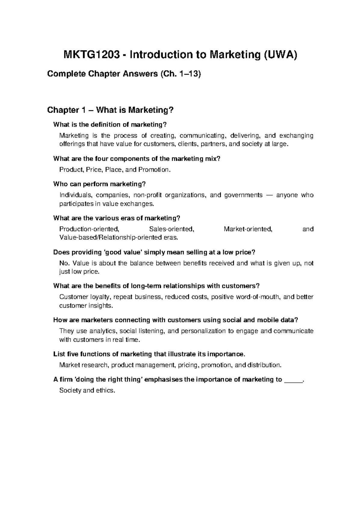 MKTG1203 Introduction to Marketing: Complete Chapter 1 Answers - Studocu