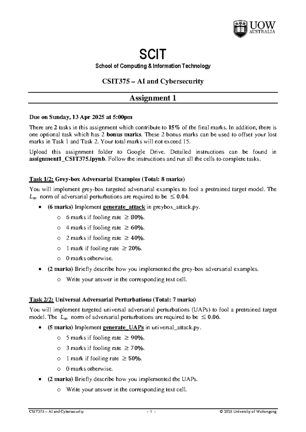 Assignment 1: Adversarial Examples & UAPs - CSIT375 AI & Cybersecurity ...