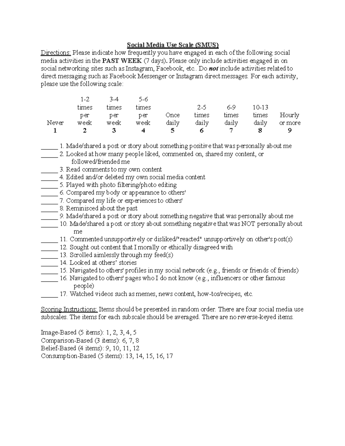 SMUS - Social Media Use Scale Assessment Guide - Studocu