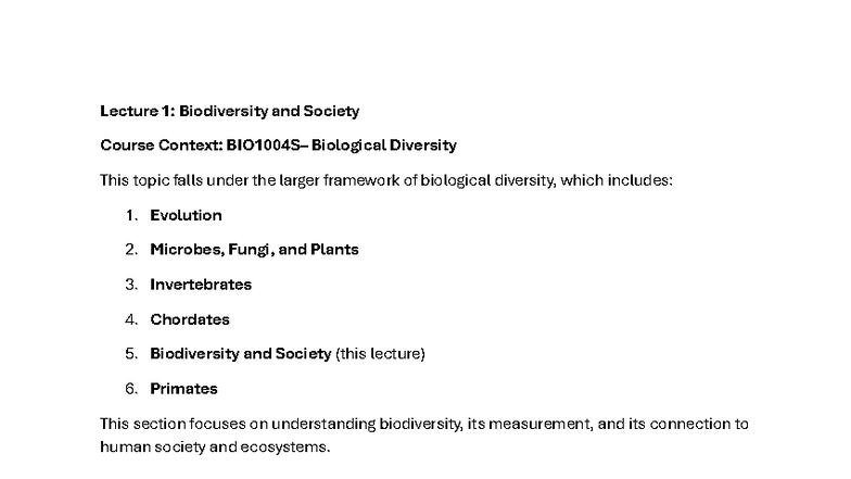 Biodiversity and Society: Summarised Lecture Notes (BIO101) - Studocu