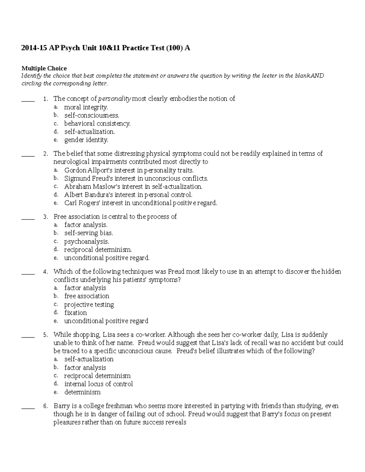 AP Psych Unit 10 & 11 Practice Test (100) - Multiple Choice Questions ...