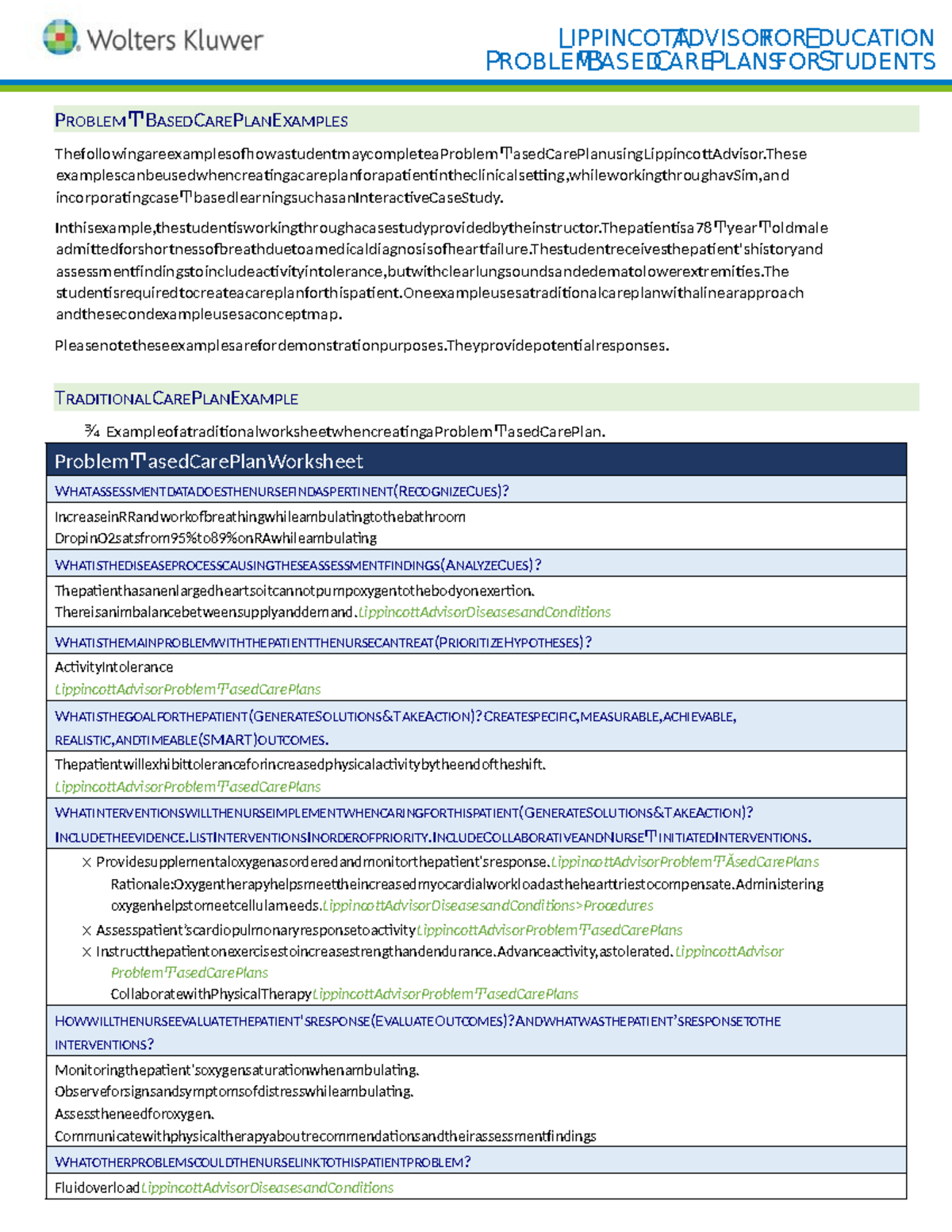 LIPPINCOTT NUR 236 Problem-Based Care Plan Examples for Students - Studocu