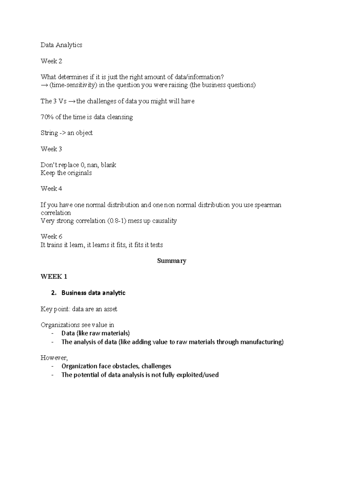 BA1001 Data Analytics - Week 2 to Week 6 Overview and Insights ...